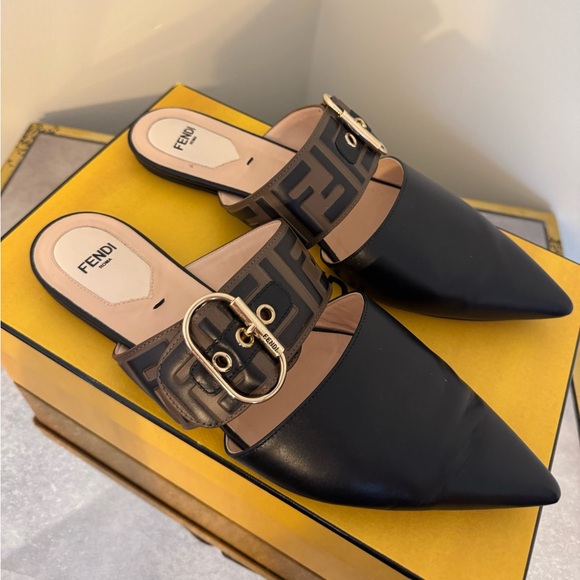 Fendi Shoes - Fendi Black and Tan Leather Mules with Gold Buckle